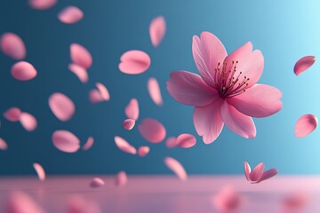 A beautiful pink flower and petals floating gently through the air