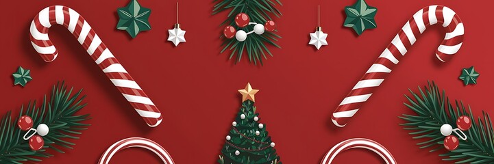 A festive Christmas background featuring candy canes pine branches holiday decorations on vibrant red backdrop with a decorated Christmas tree. mockup template for Christmas ads posters greeting cards