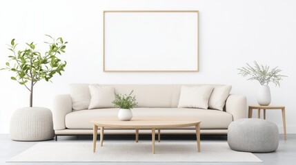 Fototapeta premium Minimalist living room features a beige sofa and decor