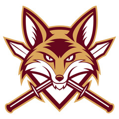 Golden Fox Head with Crossed Swords, Mascot Illustration, Maroon and Gold Colors, Logo