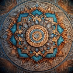 Obraz premium Abstract floral mandala design with blue and orange geometric circle elements