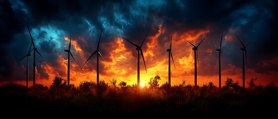 Wind turbines silhouetted against a dramatic sunset sky background