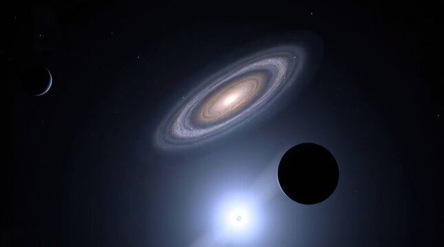 A silhouetted space scene featuring a galaxy and black holes; a light source is positioned behind the subject creating a strong backlighting effect