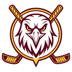 Eagle Head With Crossed Hockey Sticks Logo, Maroon and Yellow Colors, Isolated