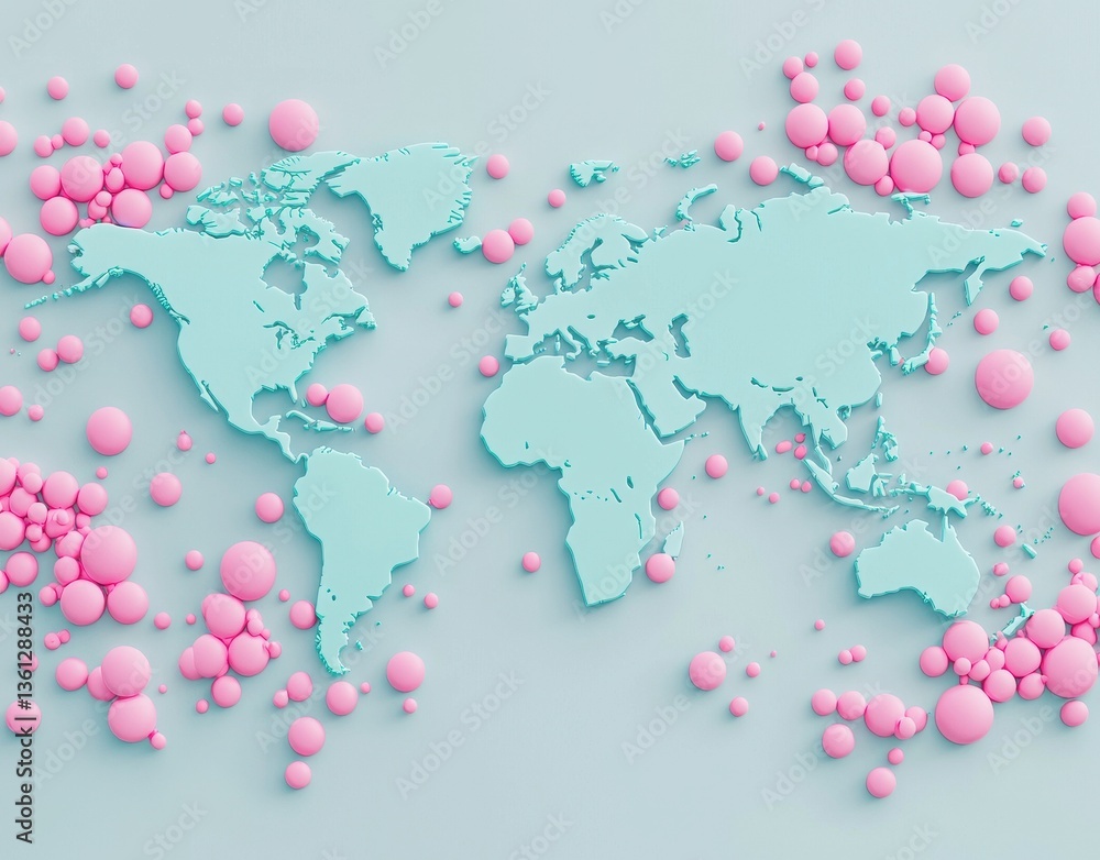 Poster colorful world map with pink circular patterns on light background