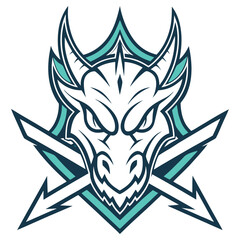 Fototapeta premium Dragon Head with Crossed Arrows Illustration; Teal and Navy Color Scheme, Aggressive Look