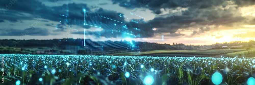 Poster High-tech holographic crop yield data display over expanding rural farmland during sunset Generative AI