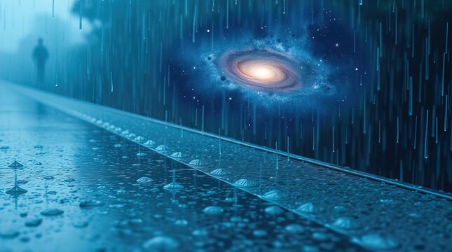 A wet rainy scene depicted in cool blues, greens, and purples color space featuring a galaxy and black holes; drizzling rain creates reflections on surfaces