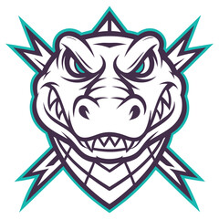 Fototapeta premium Aggressive Alligator Head with Turquoise Accents, Cartoon Crocodile with Sharp Teeth