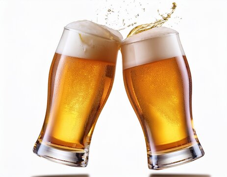 photo capturing the moment glasses of beer cheering; white background 2