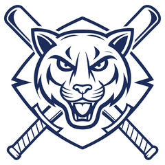 Fototapeta premium Aggressive Tiger Mascot Head with Crossed Bats in Bold Blue Outline Style