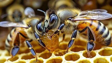 Naklejka premium Magnificent Honeybees at Work: A Close-Up Look into the Hive's Golden Wonders