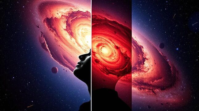 An image of a man gazing into a vast galaxy, distinctly split into divided sections with bold areas