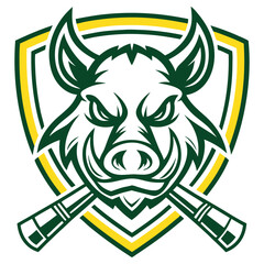 Boar Mascot Head with Crossed Sticks Inside Shield, Green and Yellow, White Background