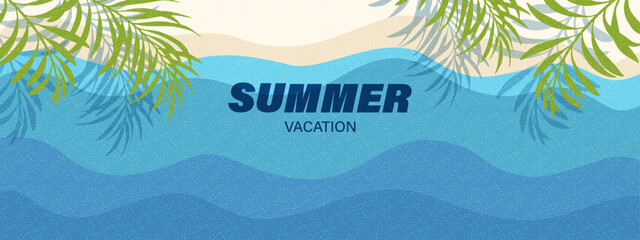 Summer card, banner, cover vector illustration. Sea, ocean waves, beach, sand, palm leaves. Vacation concept. 
