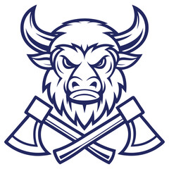 Fierce Bull Head Outline with Crossed Axes Bold Line Art Style Animal Emblem Design
