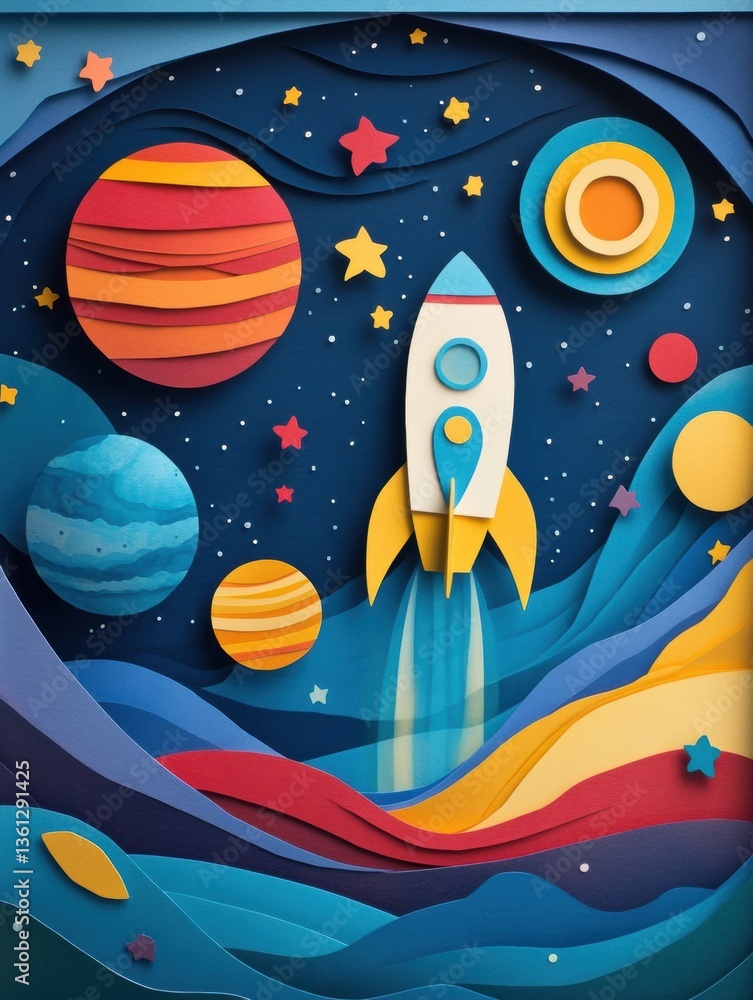 Poster Explore vibrant cosmic wonders with a layered paper cut design featuring a rocket ship and colorful planets in deep space Generative AI