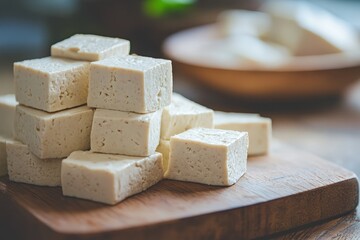 Cubed tofu sits on a wooden cutting board ready to prepare food