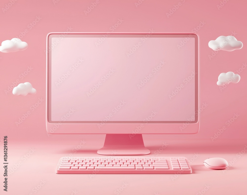 Poster elegant pink desktop setup with clouds and minimalist design