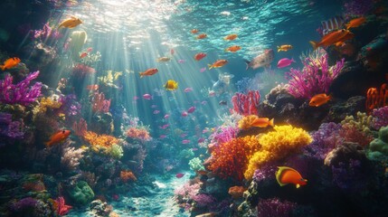 Obraz premium radiant coral reef ecosystem teeming with vibrant marine life under shimmering sunlight creating a mesmerizing underwater spectacle