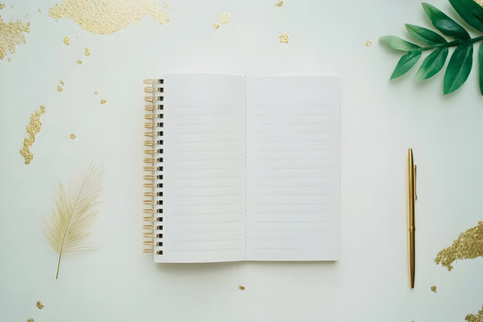  blank notebook with white pages and gold spiral accents.