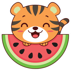 Cartoon Tiger Cub with Watermelon Slice, Smiling Animal Character, Summer Treat, Cute