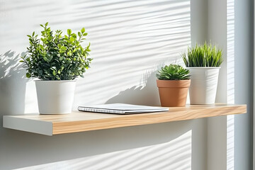 Fototapeta premium A floating shelf with an oak wood top, holding potted plants and small note book.
