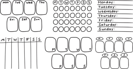 Hand-Drawn Weekly Planner Template – Minimalist Bullet Journal Layout, Habit Tracker, Task Organizer, Daily Schedule, To-Do List, Circular Calendar for Productivity and Goal Tracking

