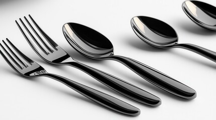 A close up of a set of silverware, including a fork, spoon, and knife