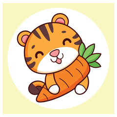 Cartoon Tiger Cub Holding a Carrot, Sitting in a Round Frame, Cheerful, Cute Animal