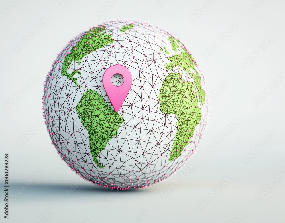 Poster 3d wireframe globe with geolocation pin highlighting a region