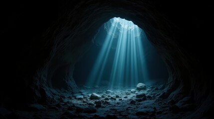 Off the beaten path concept. Mysterious cave illuminated by shafts of light from above.