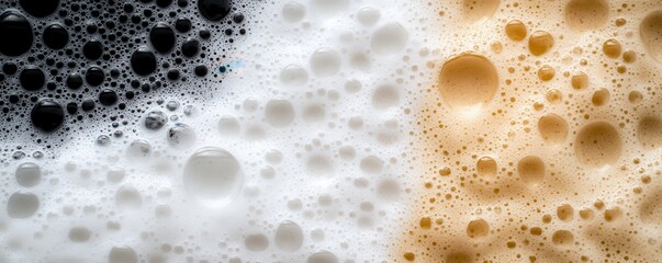 The image features a close-up of bubbles in contrasting colors of black, white, and brown, suggesting a dynamic beverage theme.
