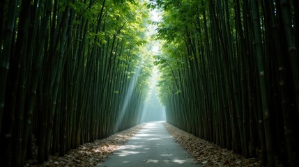 Naklejka premium Off the beaten path concept. Lush bamboo pathway creating a serene and tranquil atmosphere.