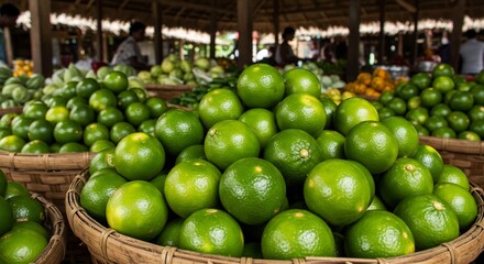 Vibrant Green Citrus Fruits Fill Market Baskets. AI Generated