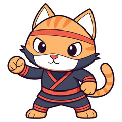 Cartoon Cat Ninja, Orange Furry Feline in Fighting Stance with Black Mask & Gi Outfit