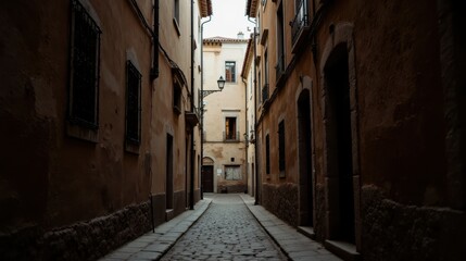 Fototapeta premium Off the beaten path concept. Narrow cobblestone alleyway flanked by aged buildings, creating a mysterious atmosphere.