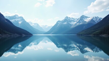 Off the beaten path concept. Vast mountains reflect in a tranquil blue lake under a clear sky.