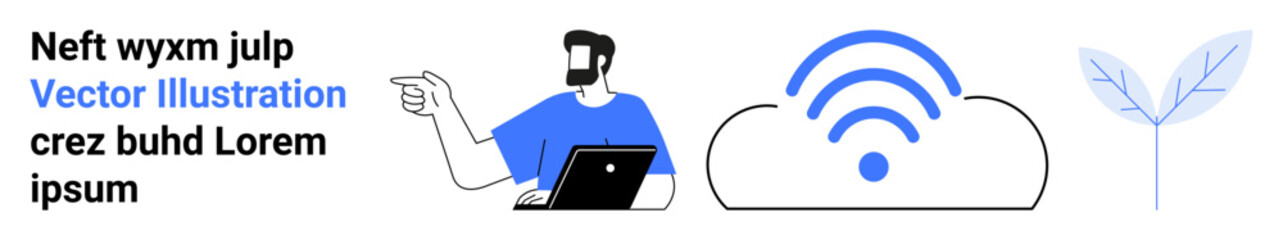 Man gestures while holding laptop, cloud with wireless icon, plant symbolizes nature, growth, sustainability, and tech innovation. Ideal for networking, communication, remote work sustainability