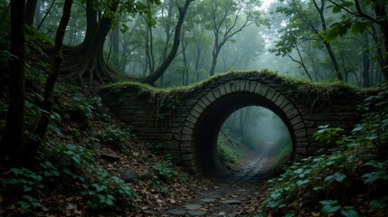 Off the beaten path concept. Mysterious stone archway surrounded by lush greenery in a serene forest setting.