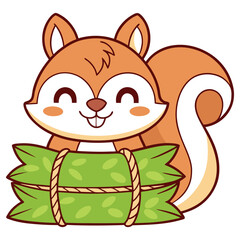 Cute Cartoon Squirrel Holding A Bundle of Green Leaves and Closed Eyes Icon