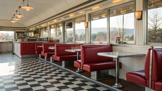 Classic diner interior with red booths and checkered floor, featuring large windows and vintage decor.