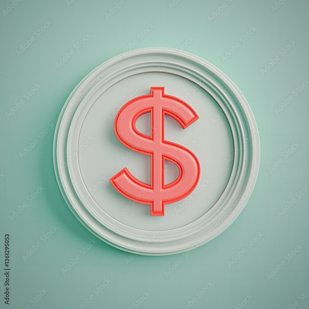Poster 3d render of dollar sign in circular frame on soft green background