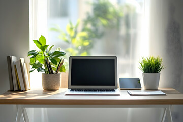 Fototapeta premium Design of a minimalist floating shelf with a wood top and white legs, holding a potted plant.