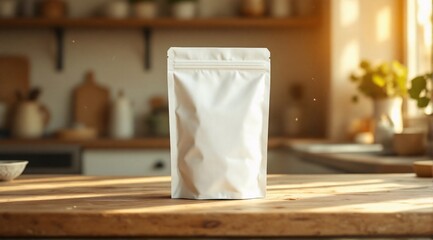 A clean white paper bag with a ziplock is placed on a wooden surface, with soft shadows enhancing its premium look.