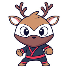 Cute Deer Ninja Cartoon Character with Mask, Isolated on White, Antlers and Fighting Pose