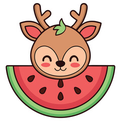 Cartoon Reindeer with Watermelon Slice, Whimsical Animal, Playful Character Design