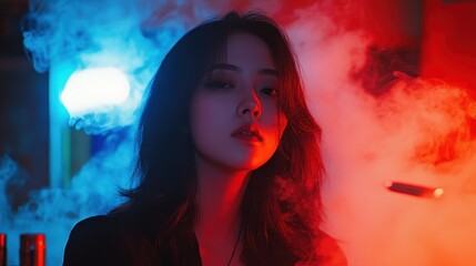 Naklejka premium A captivating portrait of a woman surrounded by colorful smoke and lighting, creating an enigmatic and moody atmosphere.
