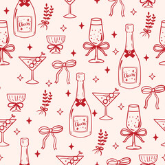 Cute champagne bottle and glass coquette ribbon background
