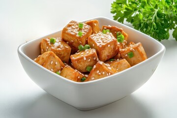 Savory Tofu Cubes with Sesame Seeds and Green Onion Garnish in a White Bowl